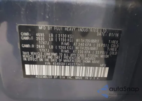 2016 Subaru Outback 2.5I Premium from USA, damaged, VIN 4S4BSBFC4G3279411